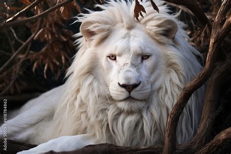 Albino lion with white fur lying in the forest and looking at the ...