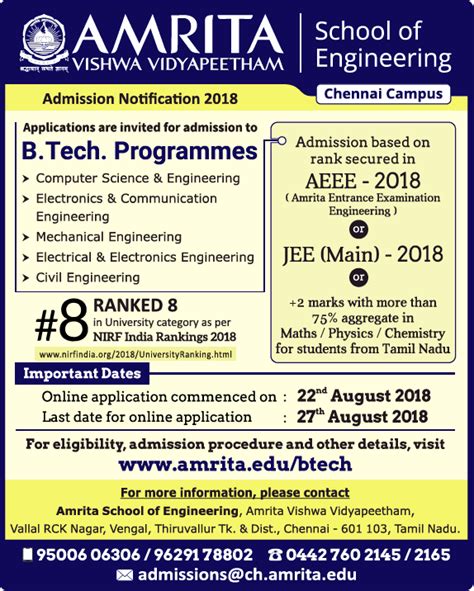 Amrita Vishwa Vidyapeetham Admission Notification 2018 Ad - Advert Gallery