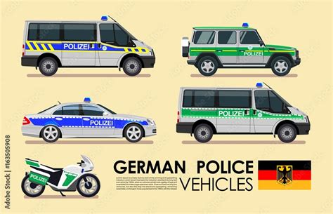 German police cars vehicles emergency transport vector set. Police cars of Deutsche flat design ...