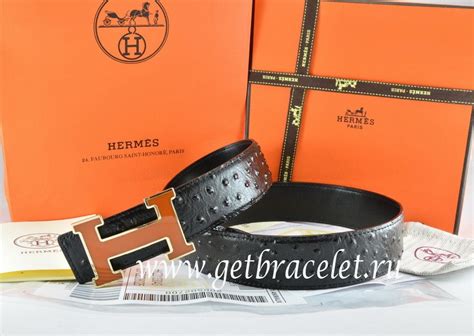 Replica Hermes Reversible Belt Black/Black Ostrich Stripe Leather With 18K Brown Gold Width H ...