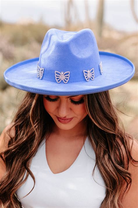 Where Beauty Reigns Rhinestone Butterfly Pencil Brim Hat (Blue) · NanaMacs