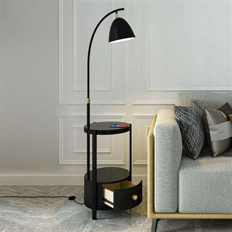 Modern Black End Table Floor Lamp with Shelves and Table and Drawer LED