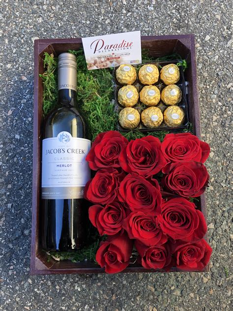 Box, roses, wine and chocolates | Wine gift box ideas, Valentines gift box, Flower box gift