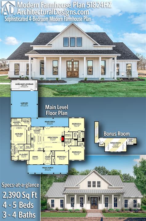 Sophisticated 4-Bedroom Modern Farmhouse Plan - 51824HZ | Architectural ...