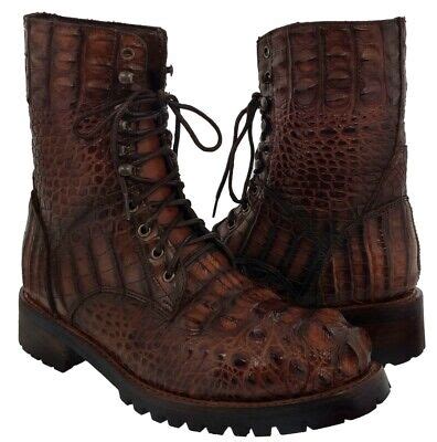 Mens Alligator Skin Boots Cognac Biker Combat Boots 10 Eyelet Lace Up ...