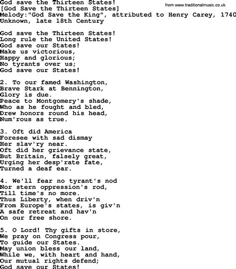 Old American Song - Lyrics for: God Save The Thirteen States!, with PDF