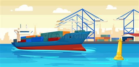 Nice Vector Illustration of Sea Cargo Port in Cartoon Style. Cargo Ship ...