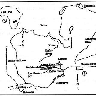 Map of Zambia showing the Kafue river and the localities where samples... | Download Scientific ...