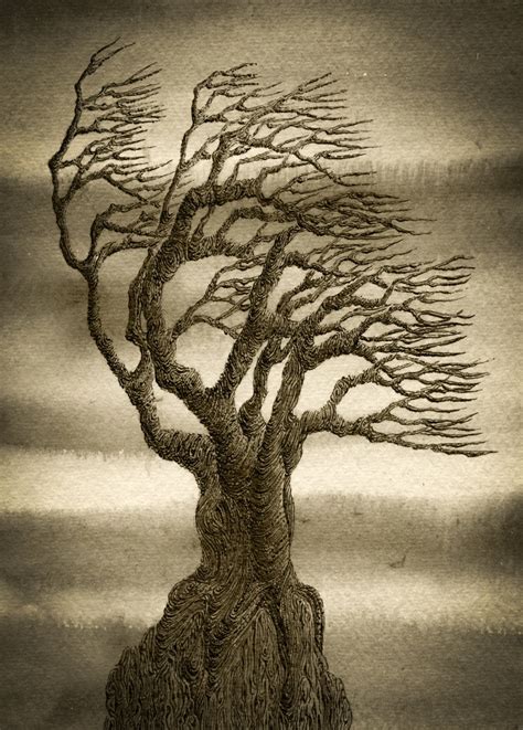 Pen Ink Tree Abstract Tree Art Sepia Tree Print Windswept | Etsy