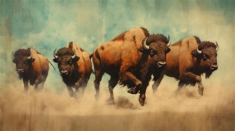 Premium AI Image | Painting of a herd of bison running across a desert ...