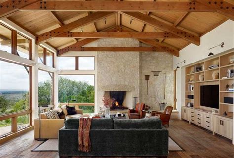 wood ceiling,s stone and plaster walls, stained wood, simple finishes | Hill country homes ...