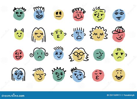 Different Emotions And Moods. Drawing Simple Round Faces Hand Drawn ...