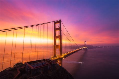 Golden Poral - Explosive sunrise at Golden Gate Bridge, shot from Battery Spencer point of view ...