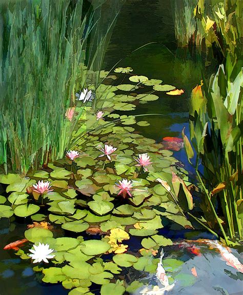 Water Lilies And Koi Pond Painting by Elaine Plesser