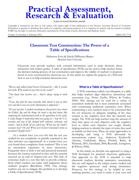 (PDF) Classroom Test Construction: The Power of a Table of Specifications