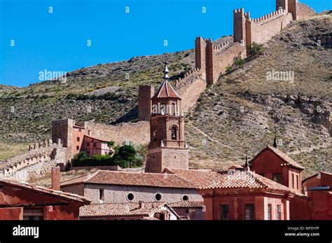 Houses and stone wall in the medieval village of Albarracin Stock Photo ...