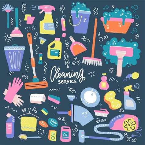 Premium Vector | Set of household cleaning supplies isolated icons in hand drawn flat style.