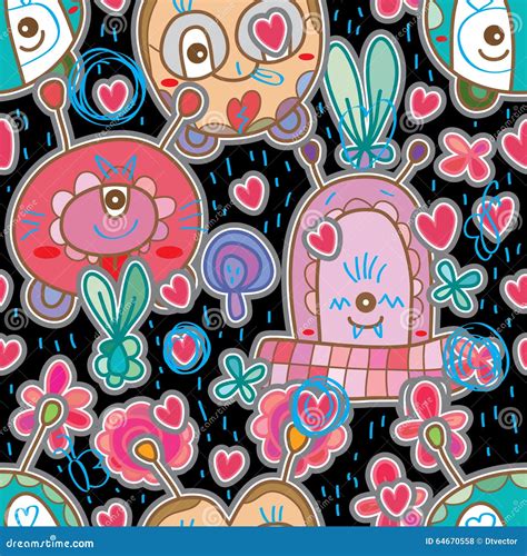 Monster Sticker Drawing Seamless Pattern Stock Vector - Illustration of design, character: 64670558