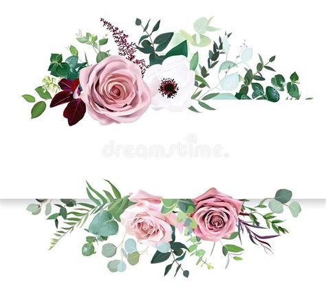 Dusty pink rose, pale flowers, white anemone horizontal botanical vector design banner royalty ...