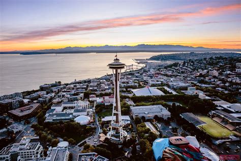 - Aerial view of The Space Needle and skyline, Seattle | Royalty Free Image