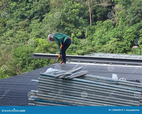 Installation of Metal Deck Roof Sheet by Construction Workers ...