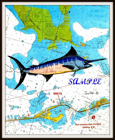 "Marlin" Original watercolor print 8"X10" Fish on Nautical Chart. Contact artist www.GULLA-ART ...