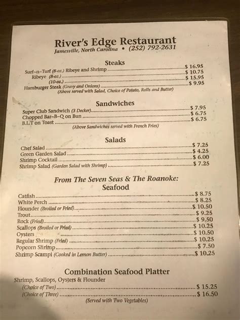 Menu at Rivers Edge Restaurant, Jamesville, Water St