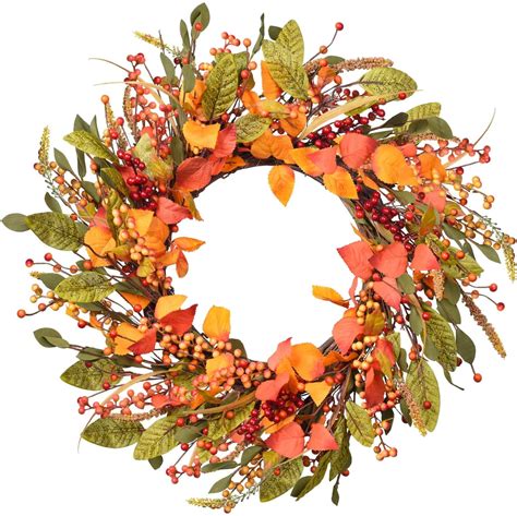 Coolmade Fall Wreath Red Berry Wreath,18 inch Artificial Autumn Maple Leaf Harvest Thanksgiving ...