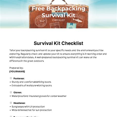 Free Backpacking Survival Kit Checklist Template - Edit Online ...