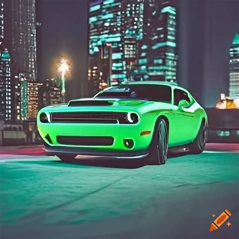 Sleek green dodge challenger racing through a city at night