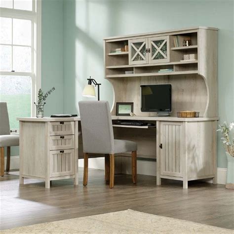 Sauder Costa L Shaped Computer Desk with Hutch in Chalked Chestnut | BushFurnitureCollection.com