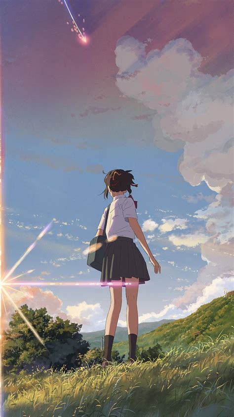 Download Mitsuha, the heroine of 'Your Name', admiring the beautiful field at sunset Wallpaper ...