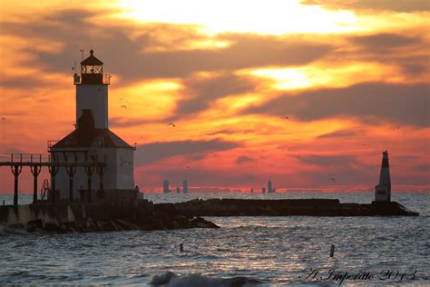 Michigan city, Indiana. Washington park beach lighthouse. With Chicago skyline. | Ferry building ...