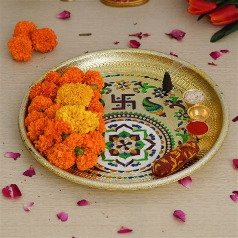 Buy Webelkart Premium Gold Meenakari Pooja thali Set with 3 Roli Chawal Katori | Pooja thali for ...