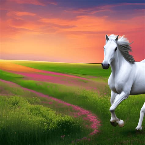 Beautiful White Horse Running in Flowery Fields and Colourful Sunset · Creative Fabrica