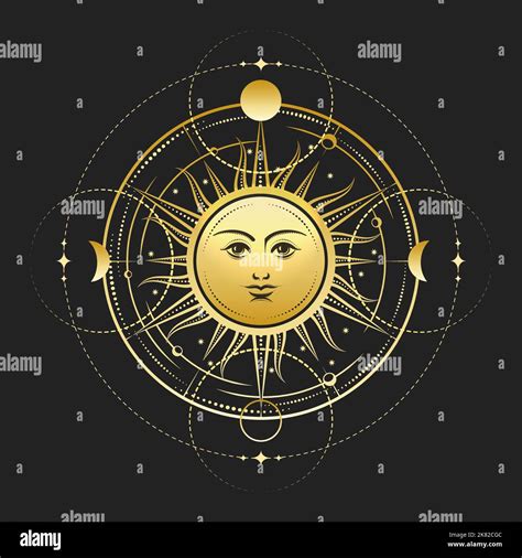 Sun with Phases of Moon and Stars. Esoteric vector Illustration isolated on black background ...
