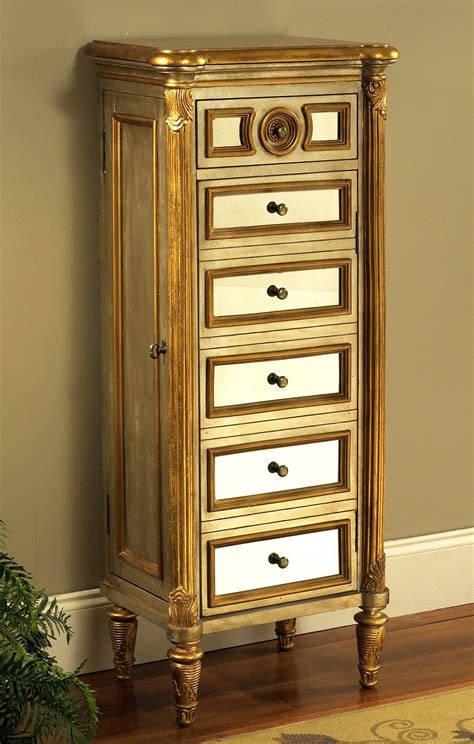 Savoy Tall Jewelry Armoire w Mirror Panel Front & Gold Painted Accents