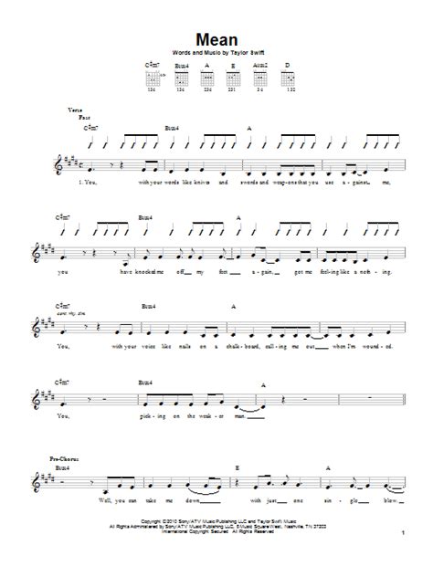 Mean Sheet Music | Taylor Swift | Easy Guitar