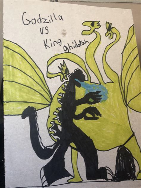 Godzilla vs King Ghidorah drawing by my kid. : r/GODZILLA