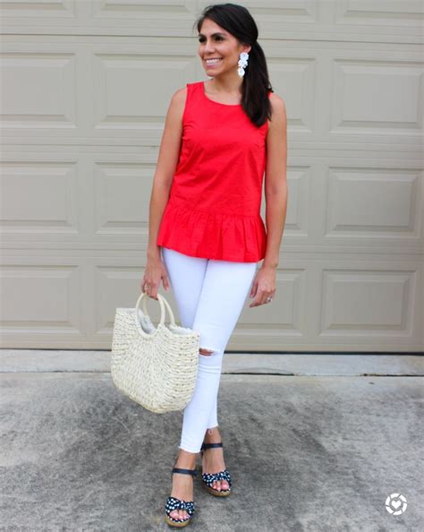 Red white and blue Patriotic look Peplum top White jean Polka dots #preppy Women’s style ...