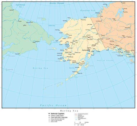 Bering Sea Map with Alaska and Country Areas, Cities and Major Roads