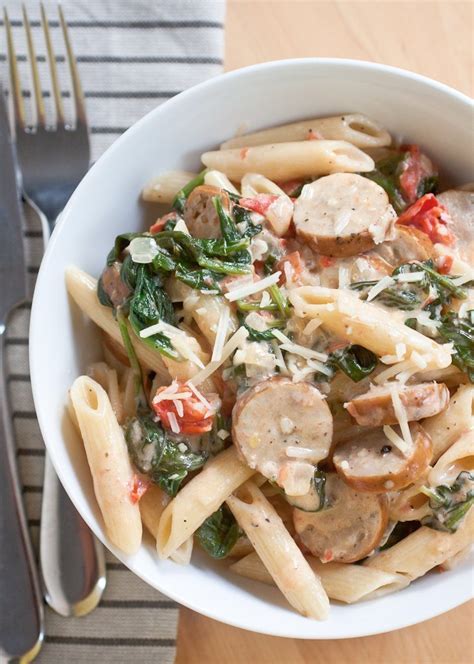 Creamy Chicken Sausage and Spinach Pasta - No Butter or Flour!