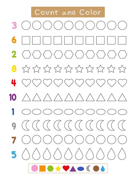 Count and color worksheet for kids. Numbers 1 to 10. Counting practice for toddler and preschool ...