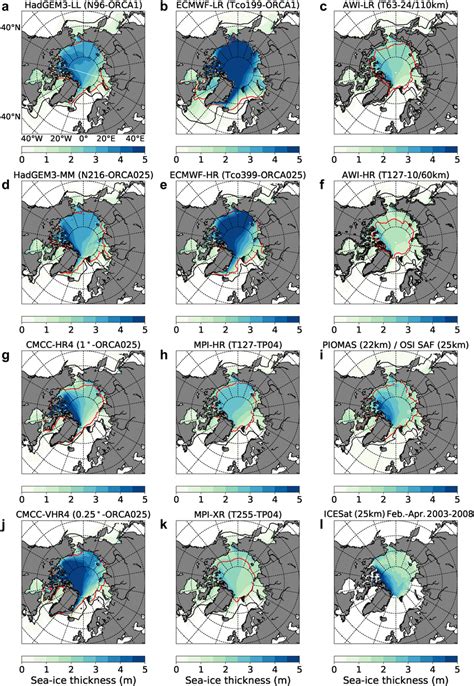 March Arctic sea-ice thickness averaged over 1982-2014 (1982-2010 for ...