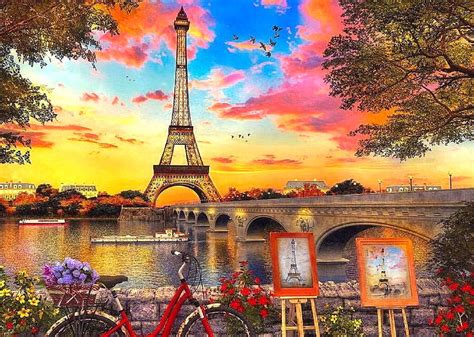 Sunset by the Seine, romantic, bridges, love four seasons, bicycle ...