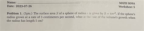 Solved Problem 1. (5pts.) The surface area S of a sphere of | Chegg.com