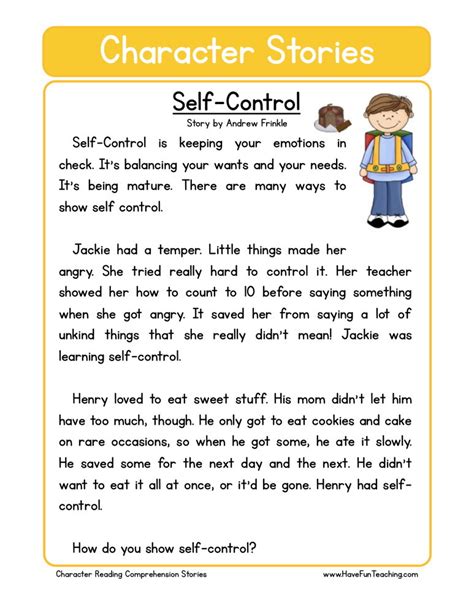 Reading Comprehension Worksheet - Self-Control