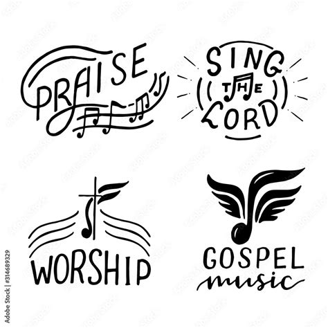 Set with 4 hand lettering logo Sing the Lord, Praise, Worship, Gospel ...