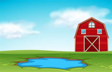 Red barn and pond farm scene 298921 Vector Art at Vecteezy