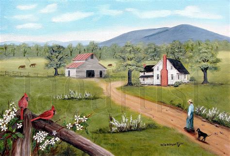Barn Farm House Primitive Landscape Folk Art Prints, Mountain Scene, Cardinals, Dog and Man ...